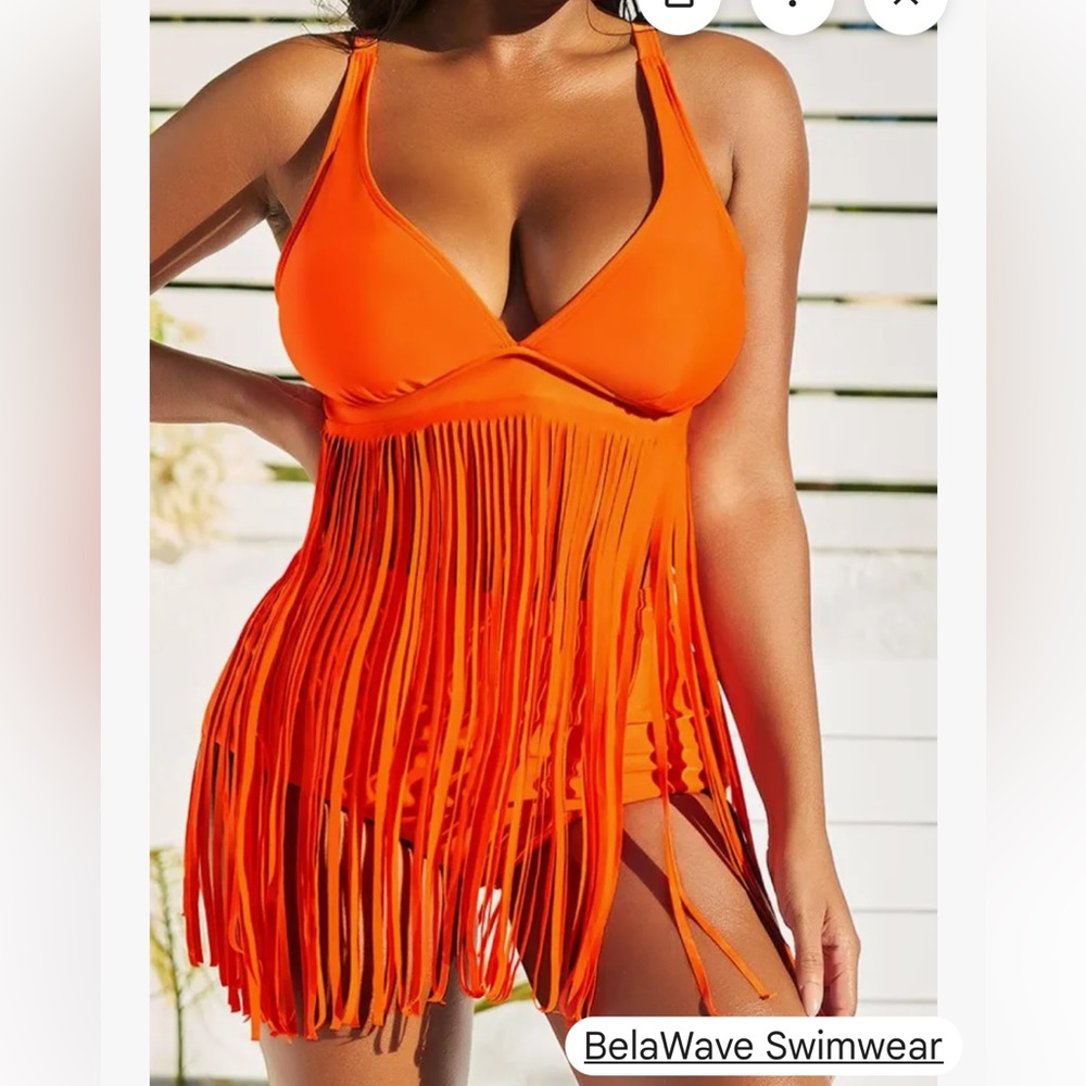 Neon Orange Fringe Trim High Waisted Two Piece Swimsuit